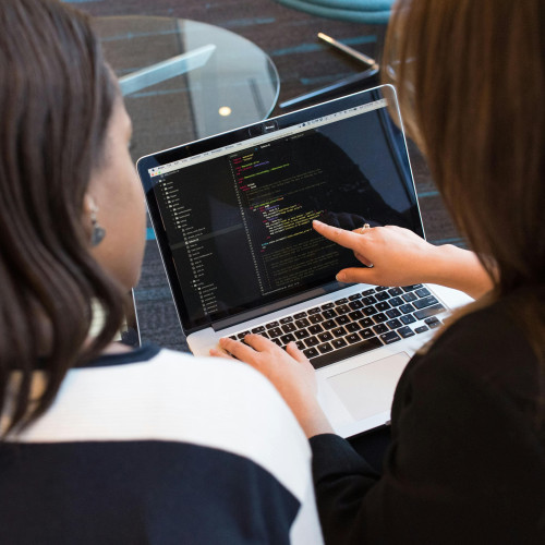 Woman looking at a computer with training software