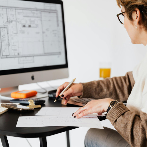 a woman using a computer with software